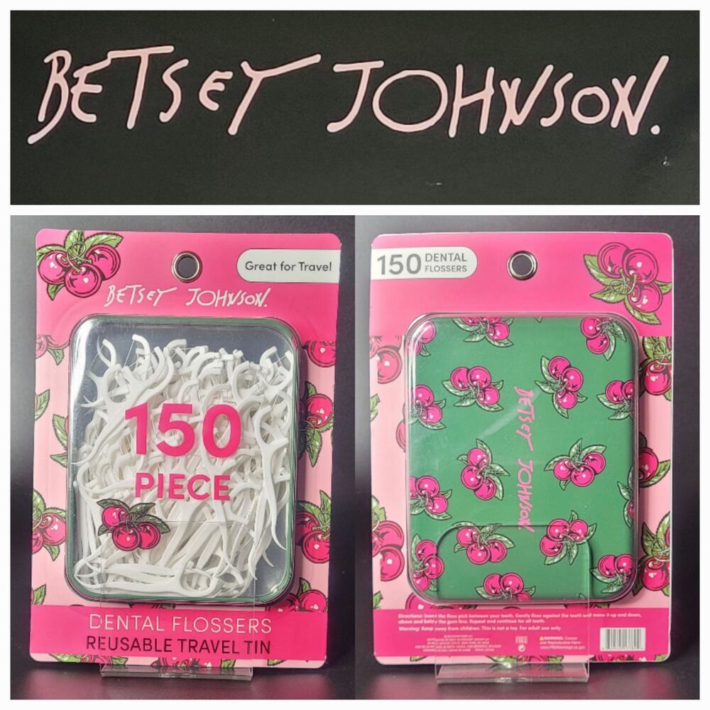 Betsey Johnson 150 Piece Dental Flossers Green Reusable Travel Tin Pink Cherries
